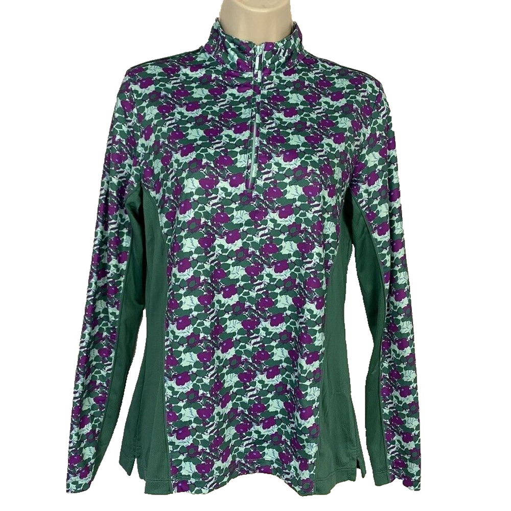 Peter Millar Pullover Top Womens Small Quarter Zip Green Floral Quick Dry UPF 50